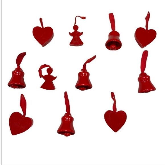 Red Wooden Heart, Angel & Bell- Set of 11 - Picture 1 of 8